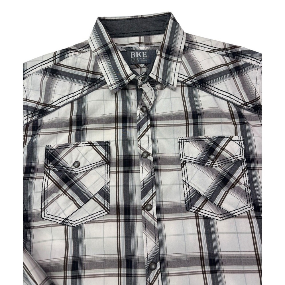 BKE Mens Athletic Fit Western Plaid Pearl Snap Shirt White Black Grey‎ Large - Picture 3 of 16
